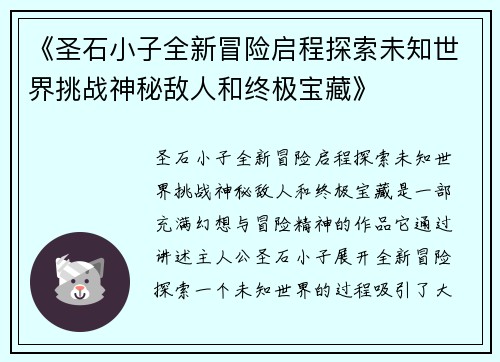 《圣石小子全新冒险启程探索未知世界挑战神秘敌人和终极宝藏》