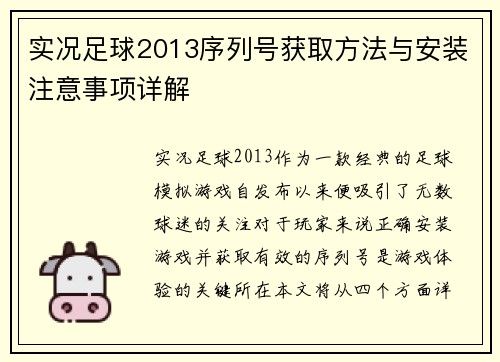实况足球2013序列号获取方法与安装注意事项详解